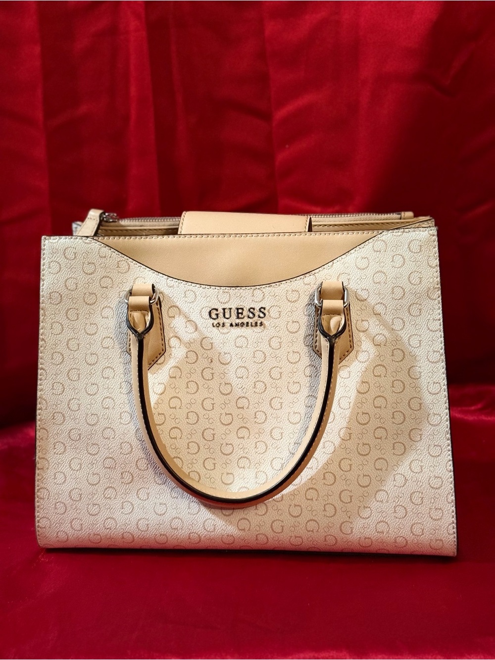 GUESS Cream and Tan Logo Satchel